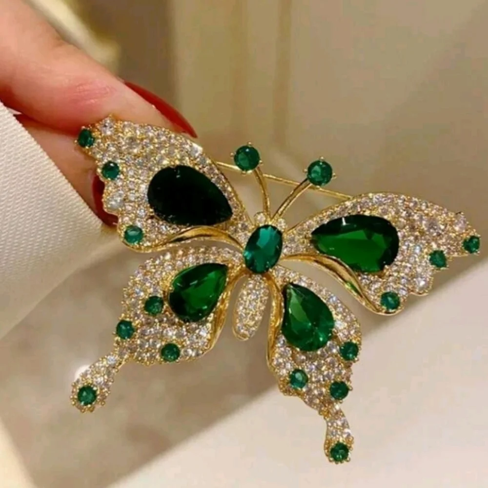 Elegant Green and Gold Butterfly Brooch Pin